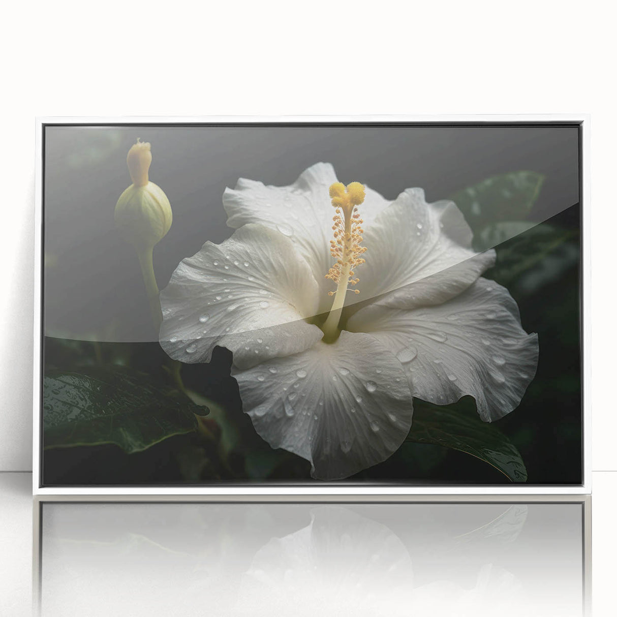 Framed wall art featuring a vibrant botanical hibiscus design, showcasing intricate floral details in shades of pink and green, set against a white background.