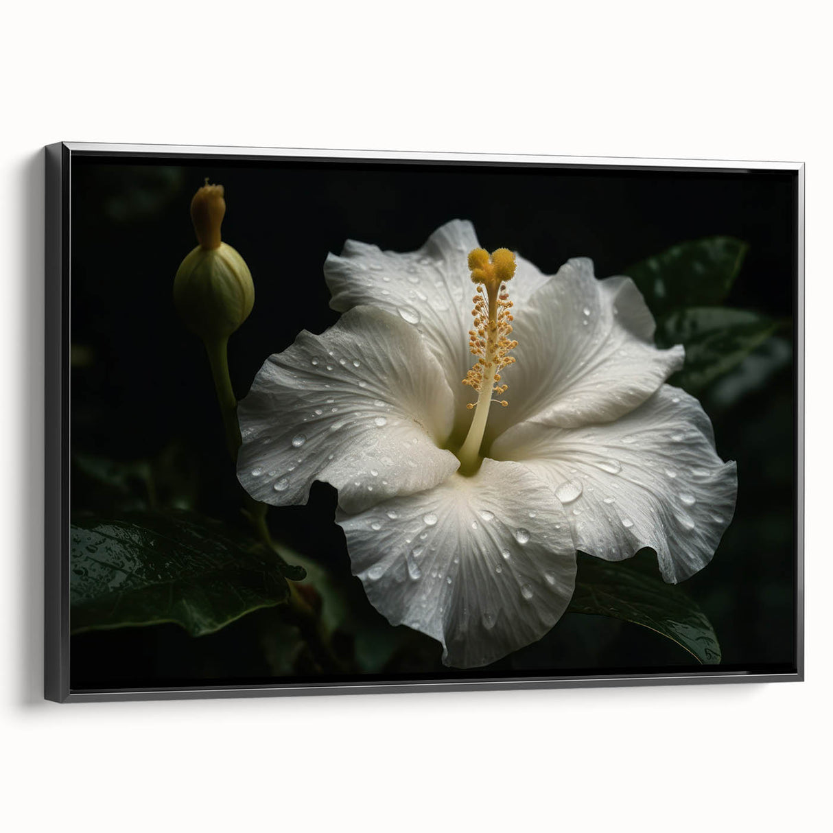 Framed canvas wall art showcasing a vibrant hibiscus botanical design with a black frame, ideal for home decor. Perfect for adding a tropical touch to living spaces.