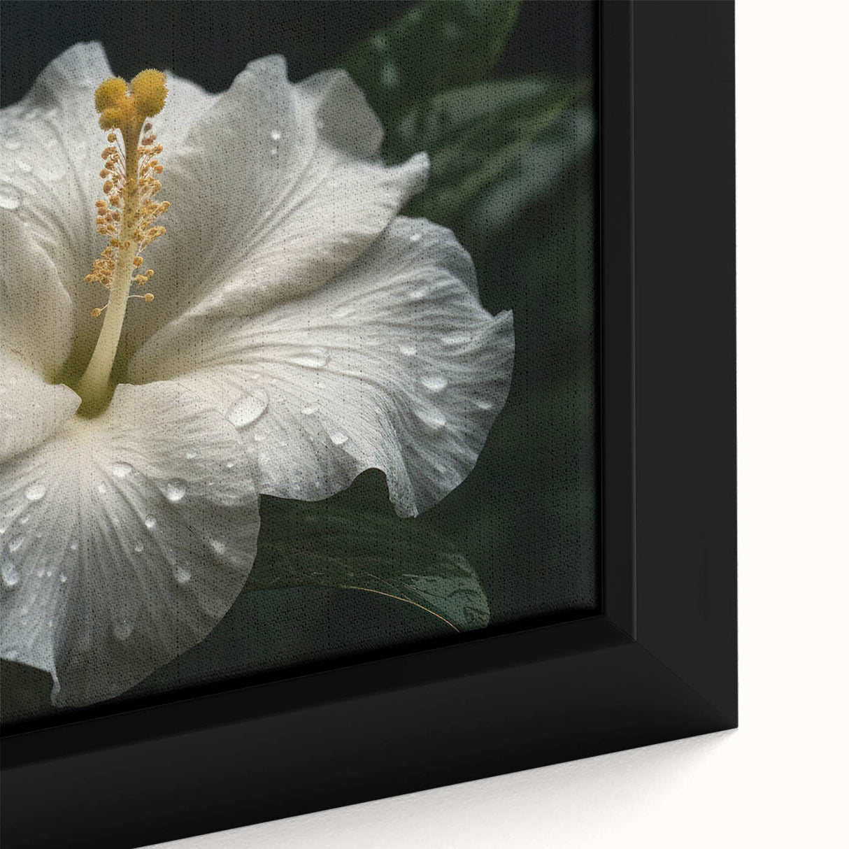 Framed canvas wall art showcasing a vibrant botanical hibiscus design with intricate details and rich colors, perfect for enhancing home decor.