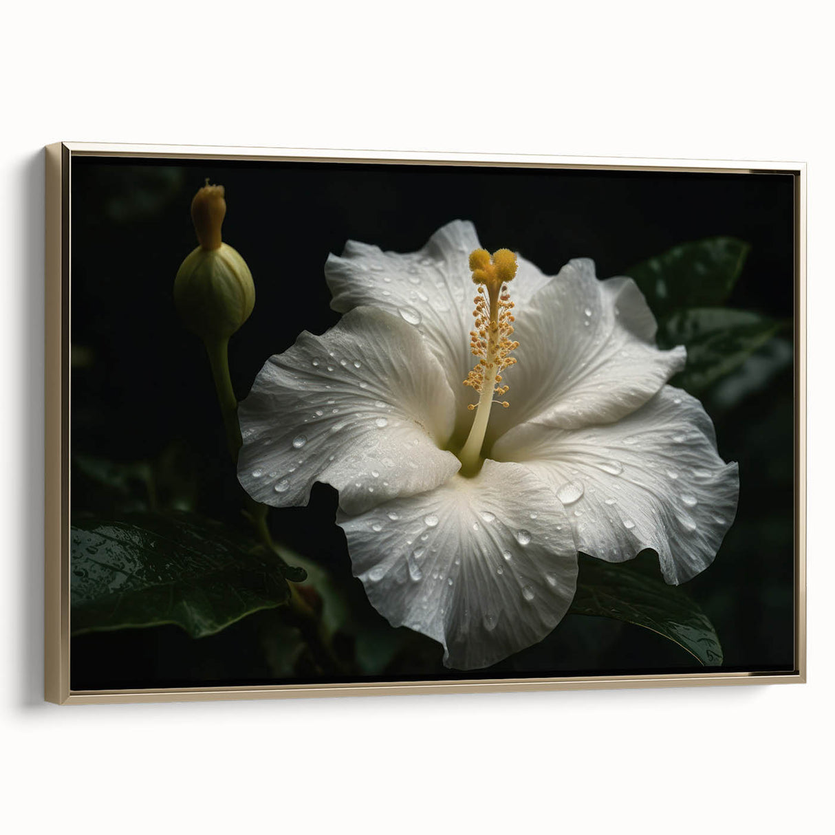 Framed canvas wall art showcasing a vibrant hibiscus design in rich colors, featuring a gold frame that enhances its botanical aesthetic, perfect for home décor.