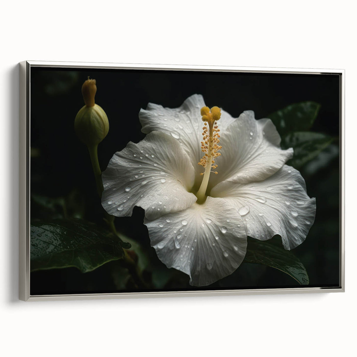 Framed wall art featuring a vibrant botanical hibiscus design on canvas, showcasing rich colors and intricate details, set against a sleek silver frame for an elegant display.