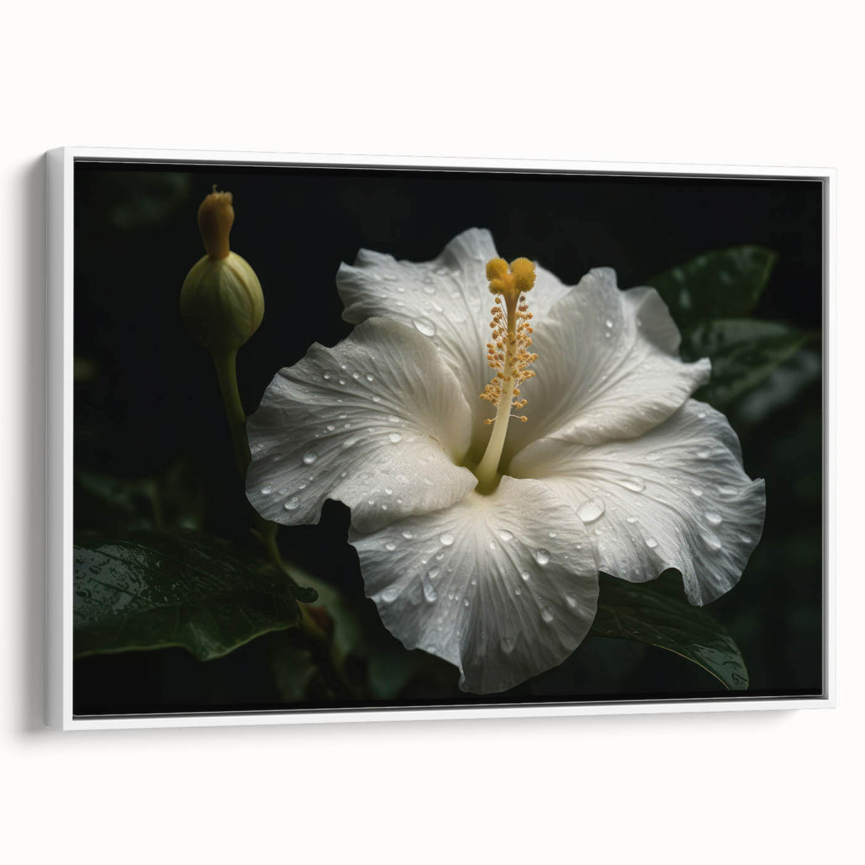 Framed canvas wall art featuring a vibrant hibiscus botanical design in a white frame, showcasing rich colors and intricate details, ideal for home decor.
