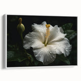 Framed canvas wall art featuring a vibrant hibiscus botanical design in a white frame, showcasing rich colors and intricate details, ideal for home decor.