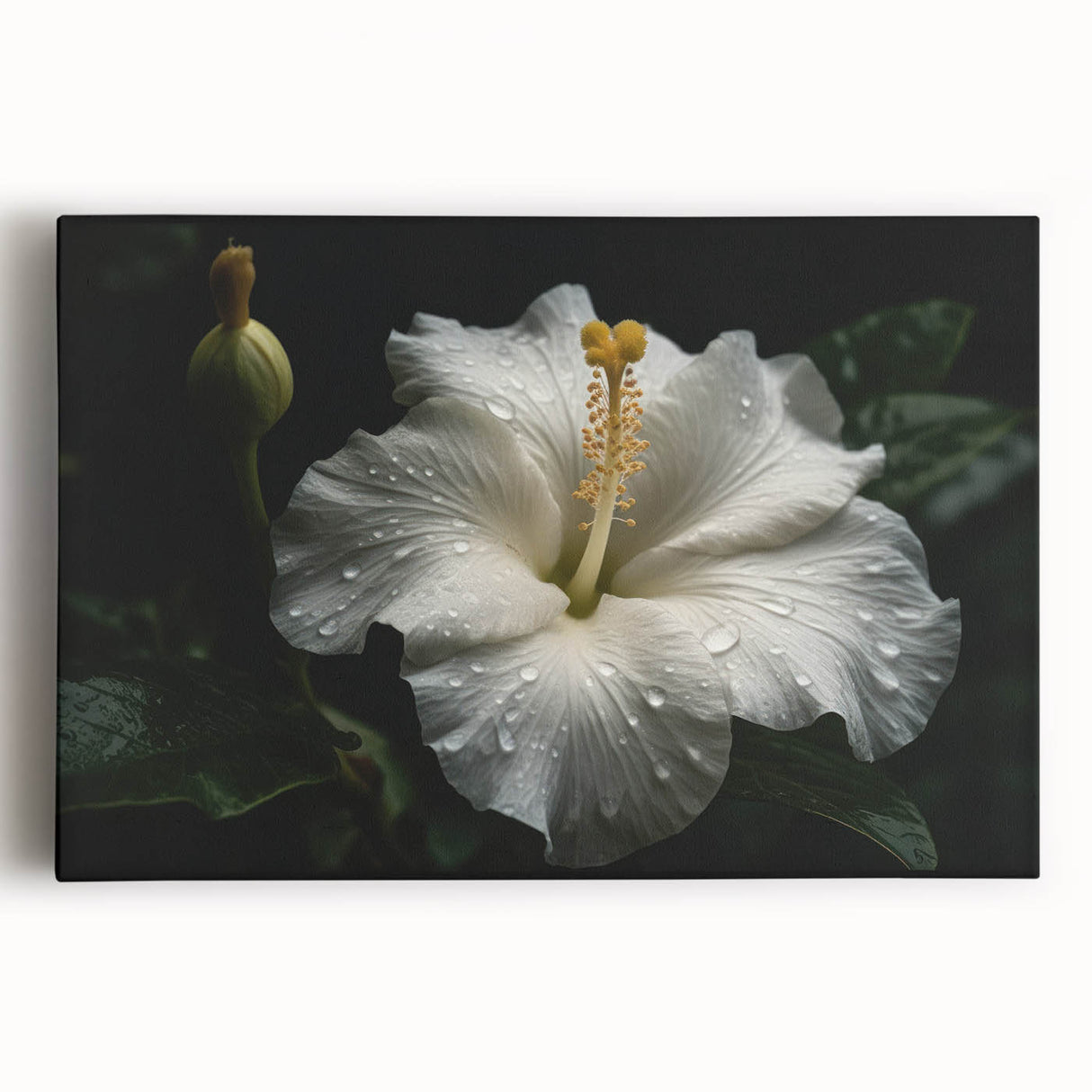 Vibrant hibiscus flower wall art on stretched canvas, showcasing intricate botanical details in rich colors, perfect for enhancing home decor aesthetics.