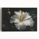 Vibrant hibiscus flower wall art on stretched canvas, showcasing intricate botanical details in rich colors, perfect for enhancing home decor aesthetics.