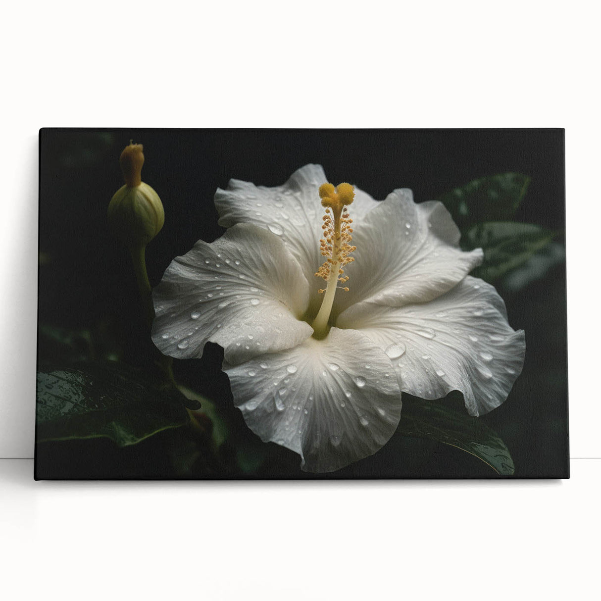 Vibrant botanical wall art featuring a detailed hibiscus design on stretched canvas, showcasing rich colors and intricate floral patterns, perfect for home decor.