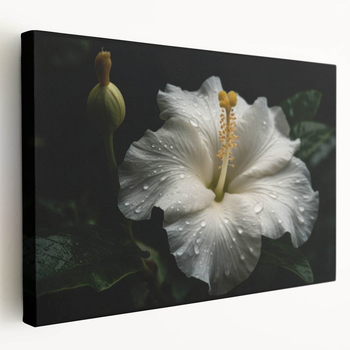 Stretched canvas wall art showcasing a vibrant hibiscus botanical design, featuring rich colors and intricate details, perfect for home decor or gifting.