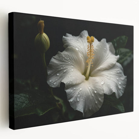 Stretched canvas wall art showcasing a vibrant hibiscus botanical design, featuring rich colors and intricate details, perfect for home decor or gifting.