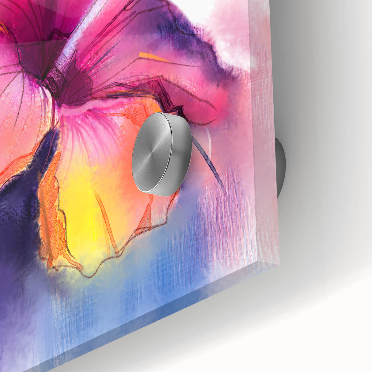 Vibrant close-up of a botanical hibiscus wall art piece, showcasing rich colors and intricate details on acrylic glass, ideal for adding a tropical touch to home décor.