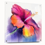 Hibiscus botanical wall art design displayed in acrylic glass, showcasing vibrant colors and intricate details, secured with decorative pins for a modern touch.