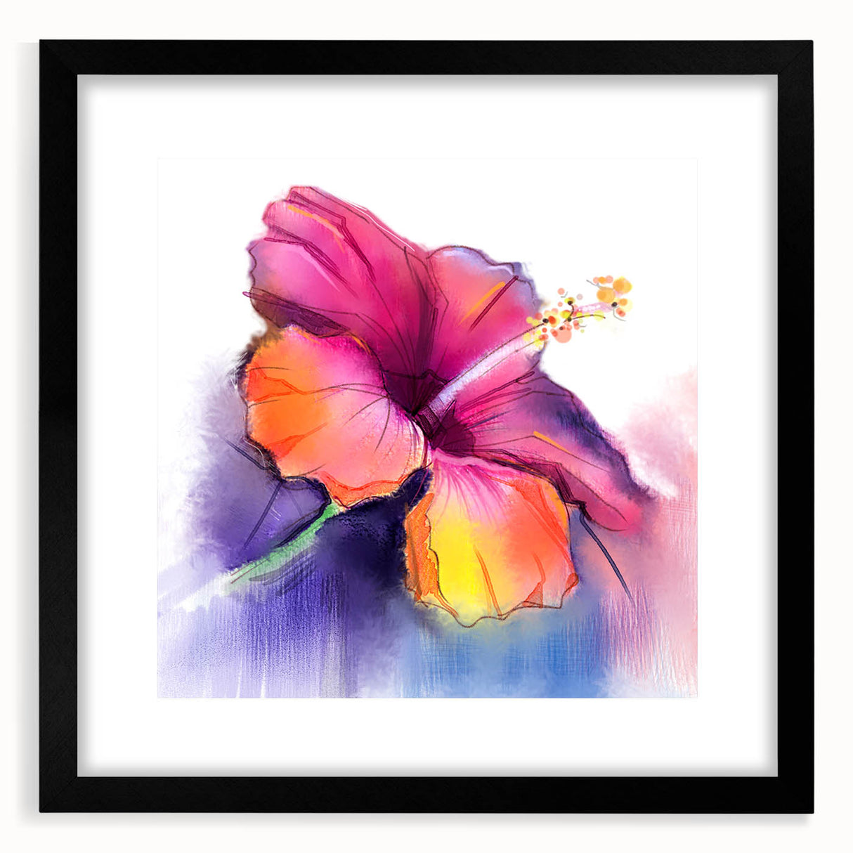 Botanical wall art featuring a vibrant hibiscus design, framed in black with a mat, perfect for adding a touch of nature to modern home decor.
