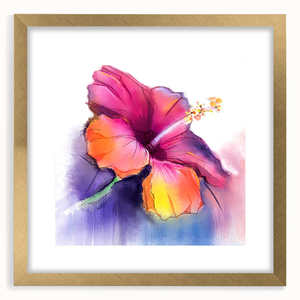 Elegant gold-framed wall art featuring a botanical hibiscus design, showcasing vibrant colors and intricate details, perfect for home decor enhancement.