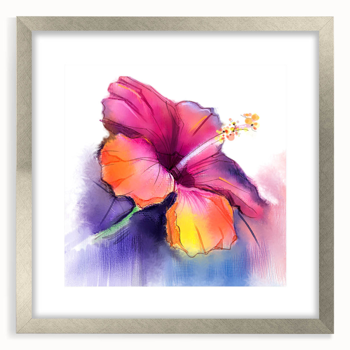 Framed botanical wall art featuring a vibrant hibiscus design with a silver frame and mat, showcasing intricate floral details for elegant home decor.
