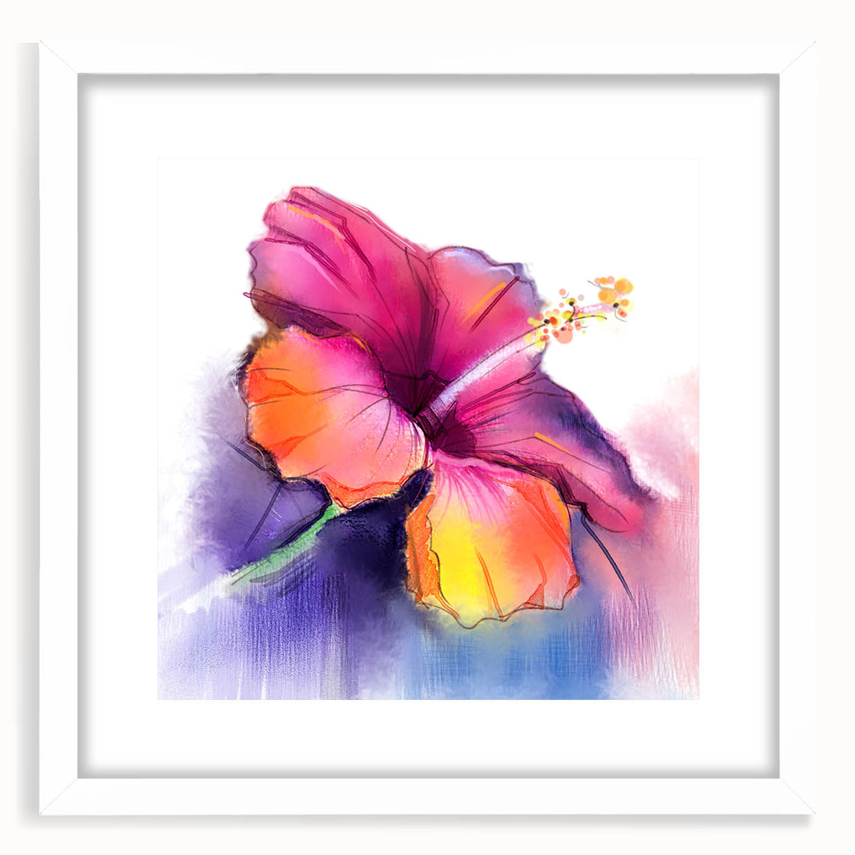 Framed botanical wall art collection featuring a vibrant hibiscus design on a white mat, showcasing intricate floral details, perfect for home decor enhancement.
