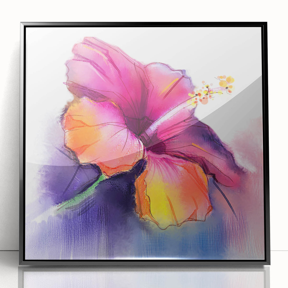 Framed wall art featuring a botanical hibiscus design in vibrant colors, set in a sleek black frame, ideal for home decor and floral-themed spaces.