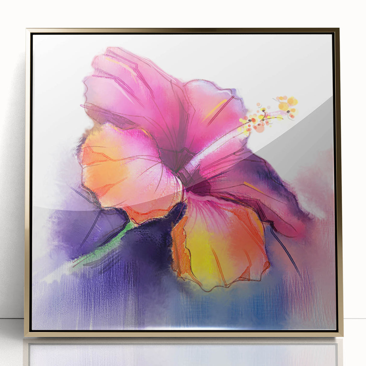 Framed acrylic wall art featuring a vibrant botanical hibiscus design in gold, showcasing intricate floral details against a soft background, ideal for home decor.