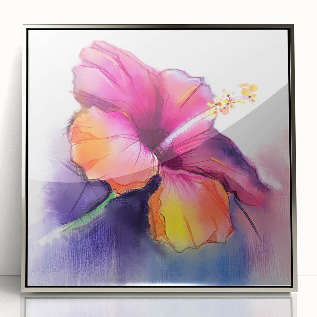 Framed wall art featuring a vibrant hibiscus botanical design in a silver frame, showcasing intricate floral details and bright colors, perfect for home decor.