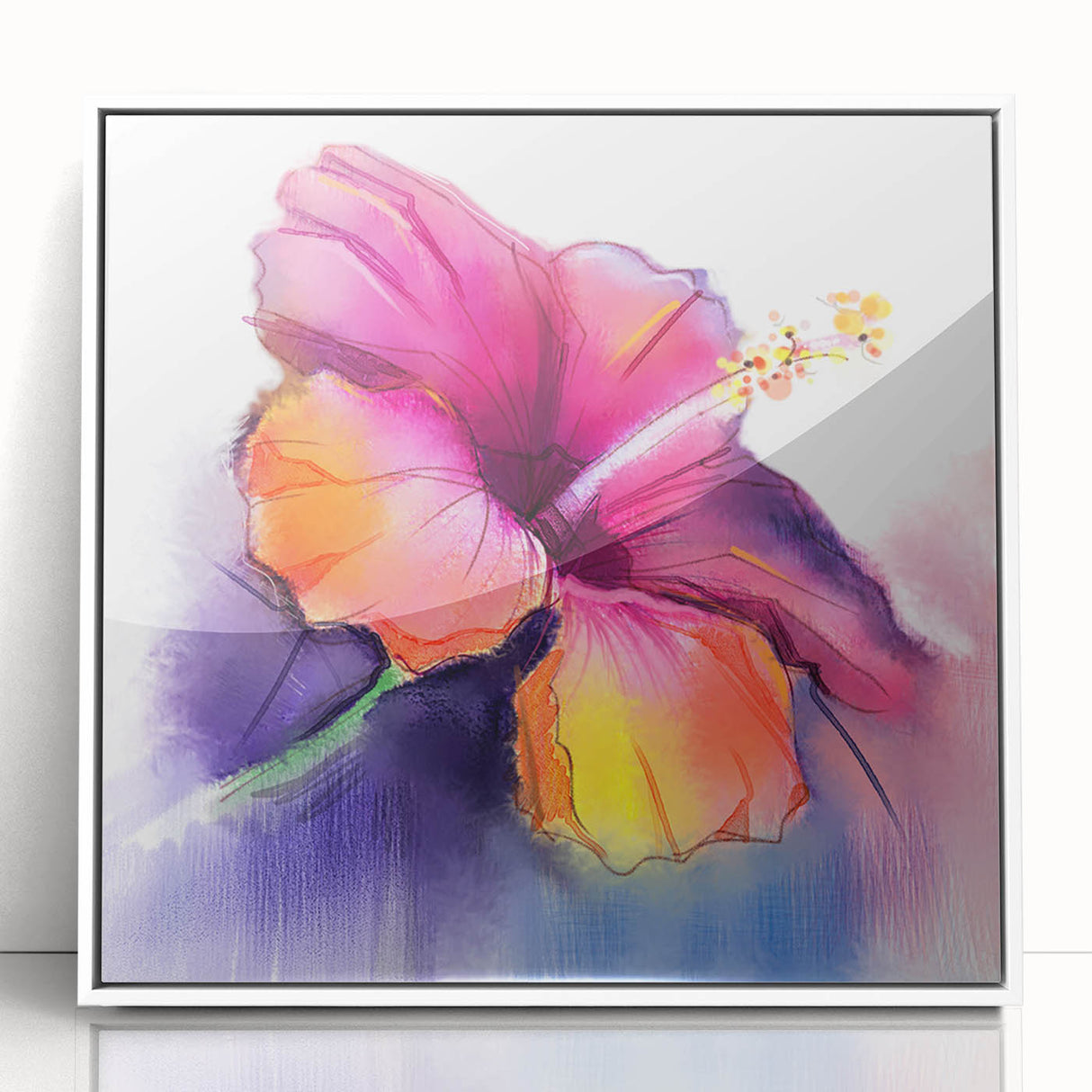 Framed wall art featuring a vibrant botanical hibiscus design on acrylic, showcasing intricate floral details in white frame, perfect for home decor enhancement.