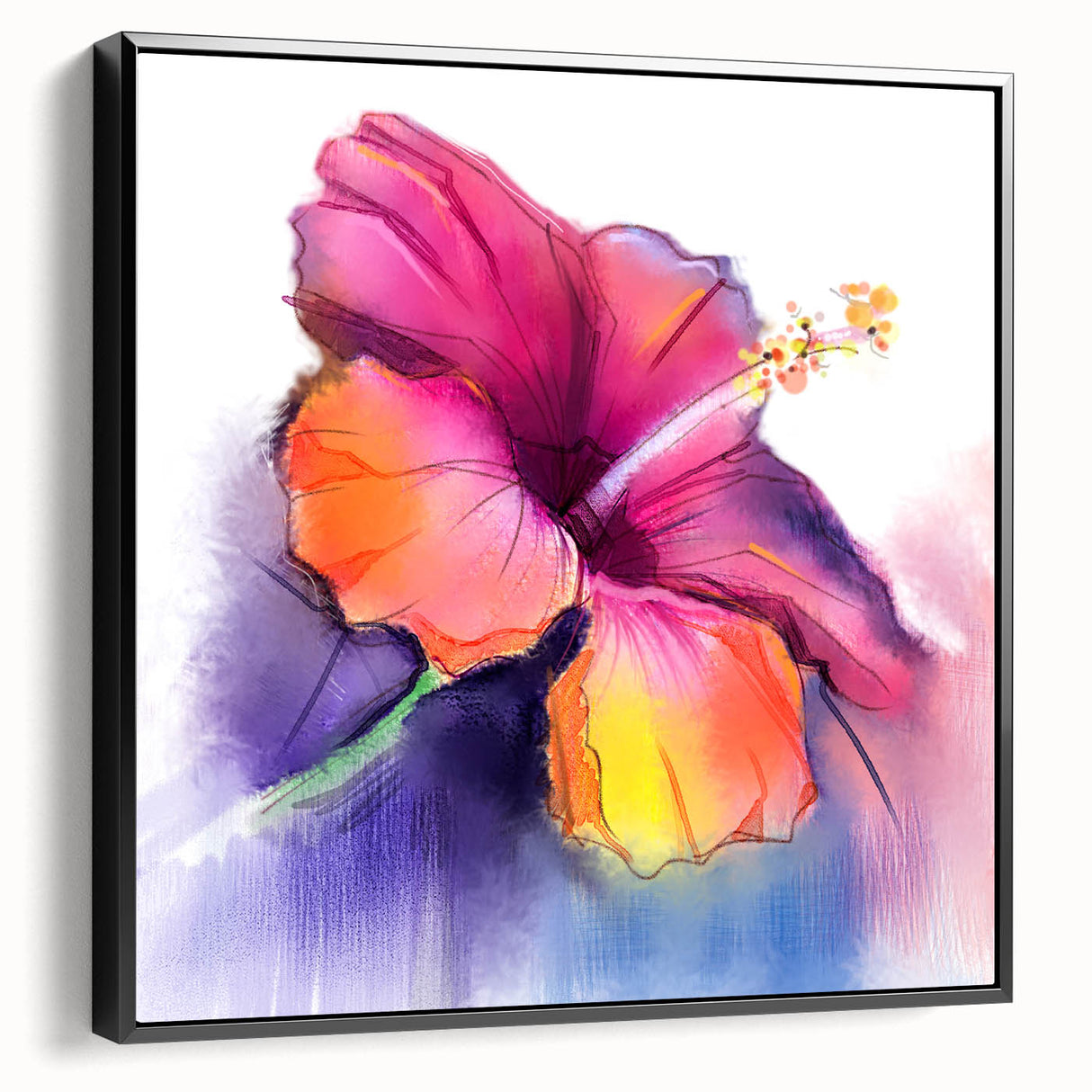 Framed canvas wall art showcasing a vibrant hibiscus botanical design with black borders, ideal for home decor. Perfect for adding a tropical touch to any room.
