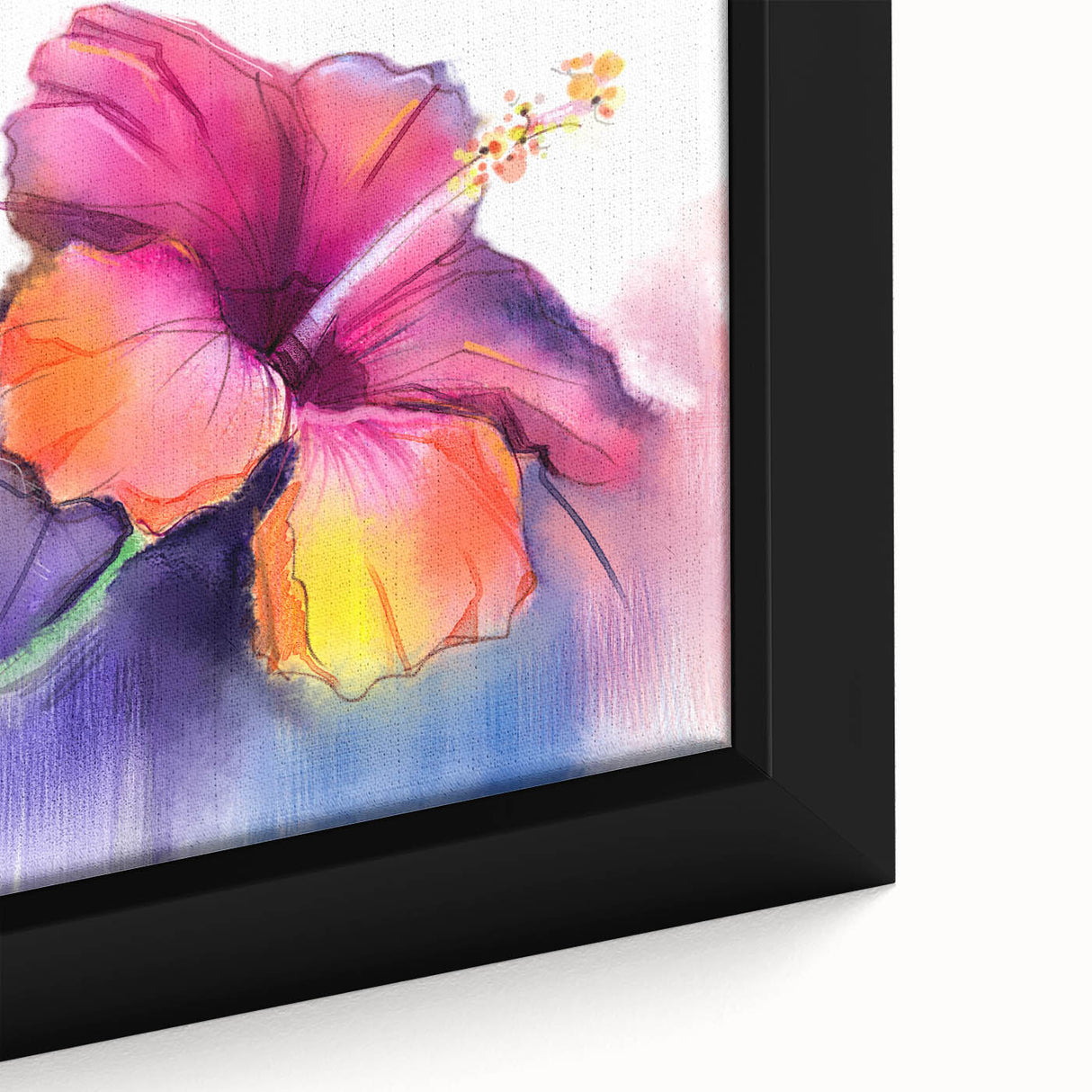 Close-up of a framed canvas showcasing a vibrant botanical hibiscus design, featuring rich colors and intricate details, perfect for home decor or wall art collection.