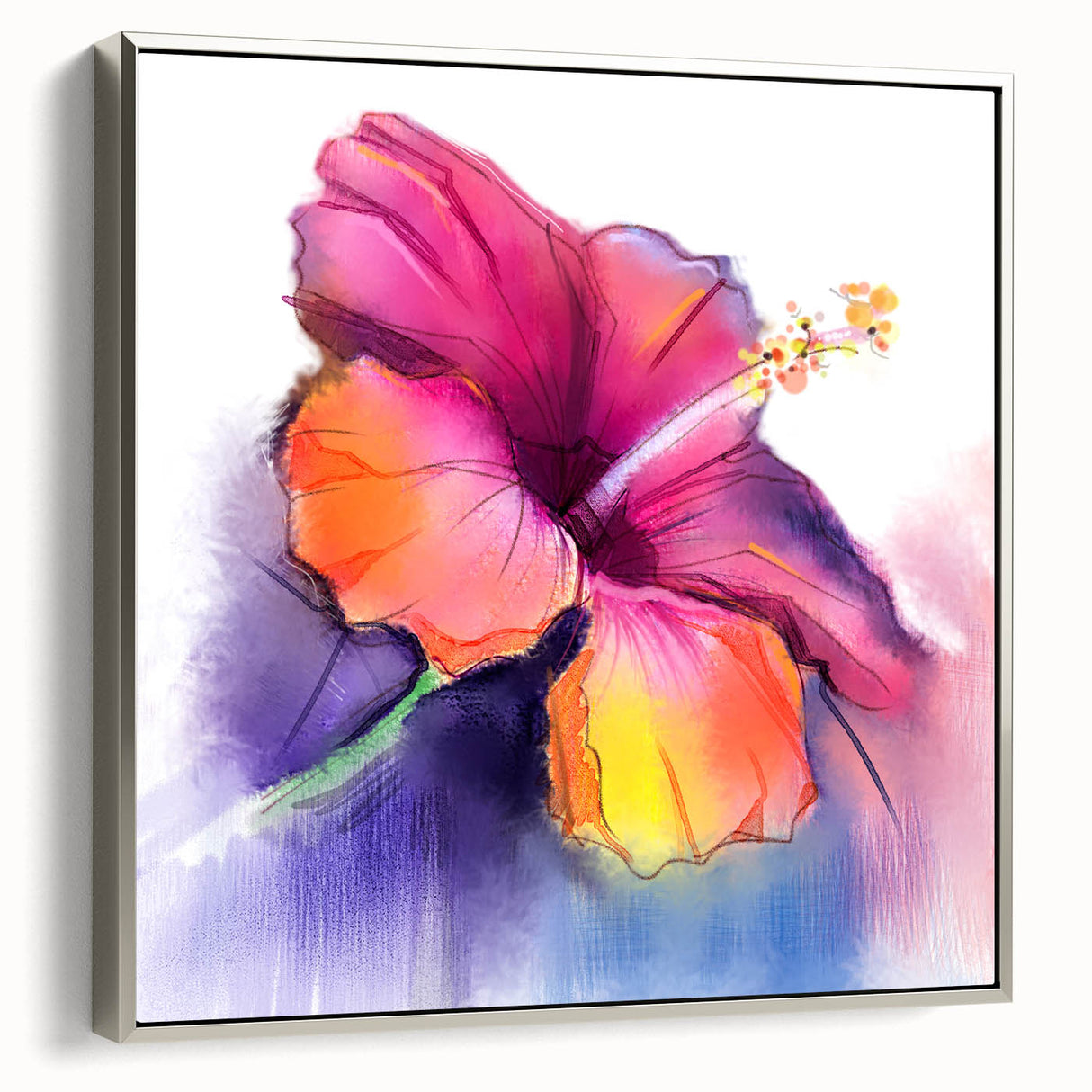 Framed canvas wall art featuring a vibrant hibiscus design in shades of pink and green, elegantly displayed with a sleek silver frame, perfect for home decor.