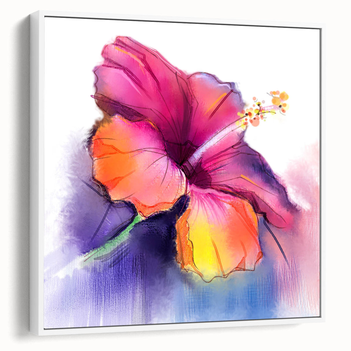 Framed canvas wall art showcasing a vibrant hibiscus botanical design, featuring rich colors and intricate details, perfect for home decor accents.