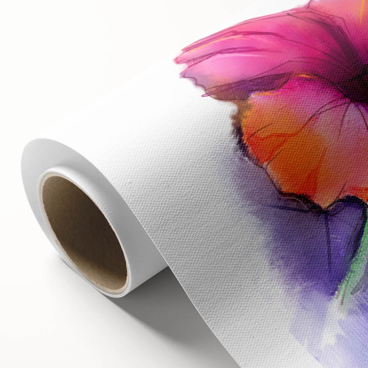 Vibrant hibiscus floral design on rolled canvas wall art, showcasing intricate botanical details and rich colors, ideal for home decor enhancement.