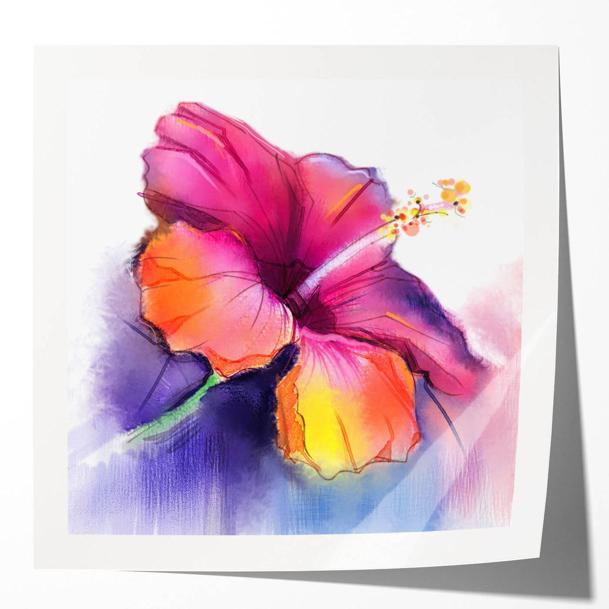 Vibrant hibiscus floral wall art print featuring intricate botanical designs in rich colors, rolled and ready for display, perfect for home decor enthusiasts.
