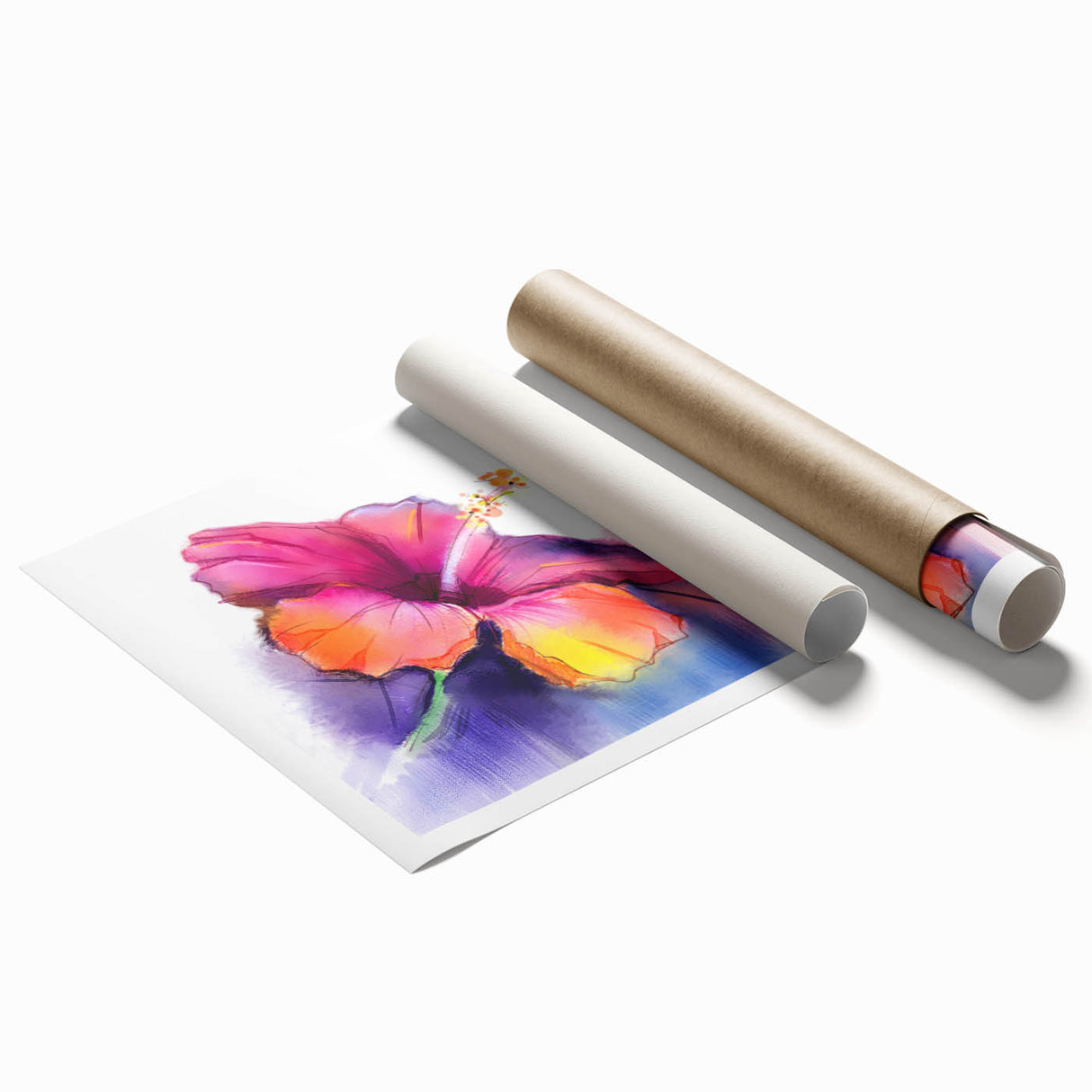 Rolled print of vibrant hibiscus flowers in a botanical design, showcasing rich colors and intricate details, perfect for home decor or art collection.
