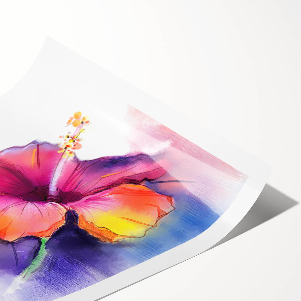 Vibrant hibiscus floral wall art print showcasing intricate botanical details in bold colors, perfect for home decor, rolled for easy display and storage.