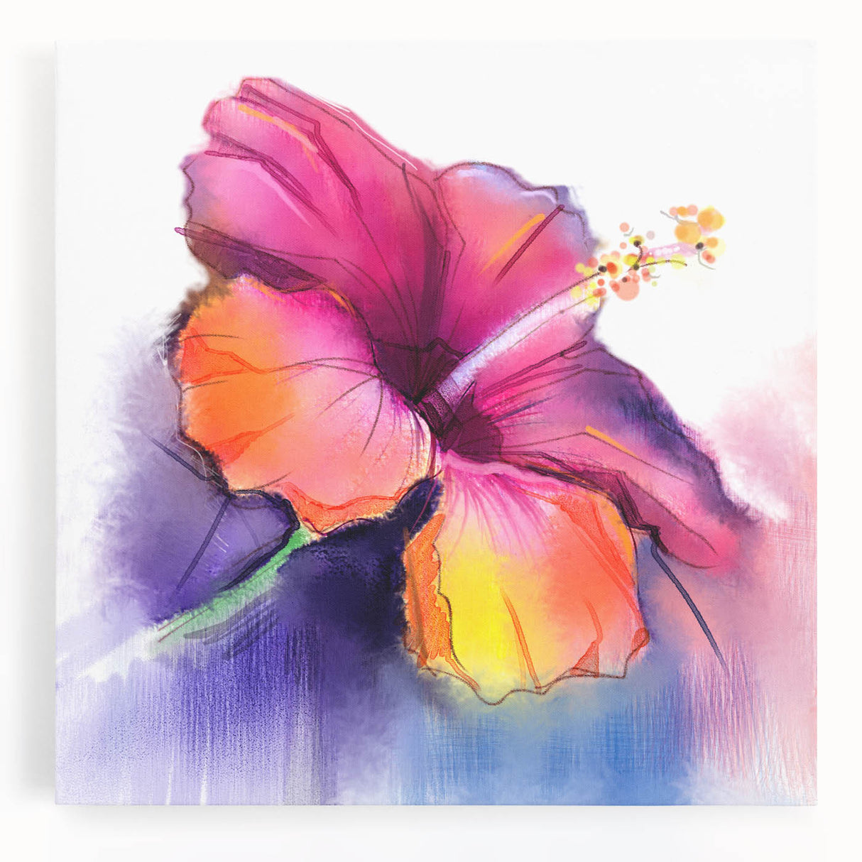 Vibrant hibiscus flower design on stretched canvas wall art, showcasing rich colors and intricate details, perfect for home decor and botanical enthusiasts.