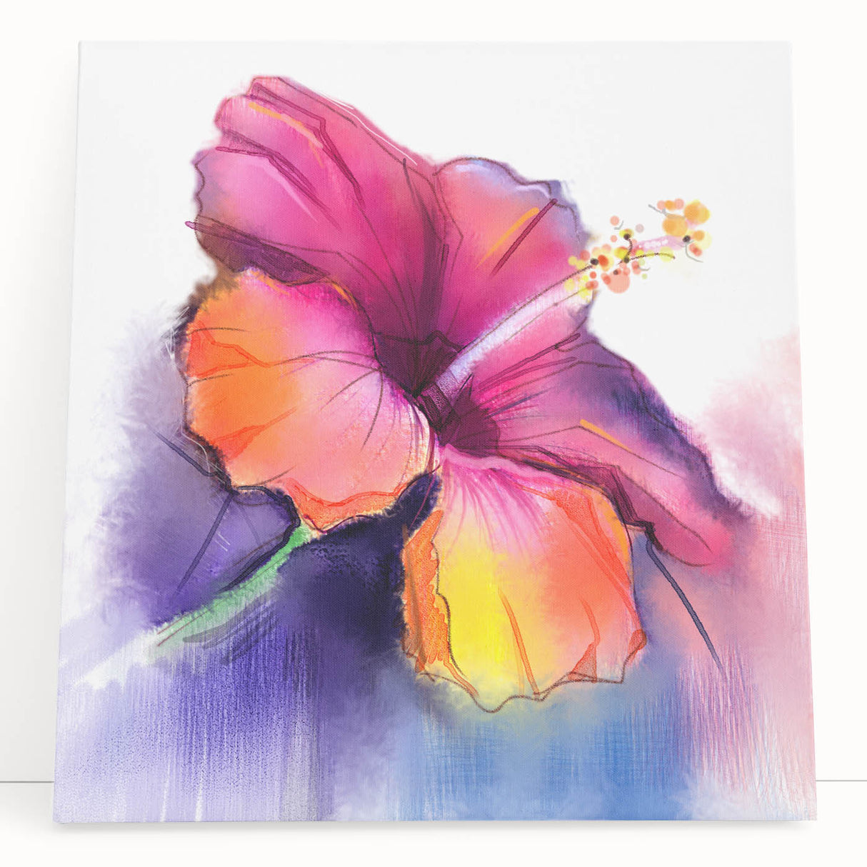 Stretched canvas wall art featuring a vibrant hibiscus botanical design, showcasing intricate floral details in bright colors, perfect for home decor.
