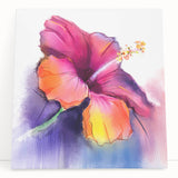 Stretched canvas wall art featuring a vibrant hibiscus botanical design, showcasing intricate floral details in bright colors, perfect for home decor.