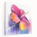 Stretched canvas artwork showcasing a vibrant hibiscus botanical design with intricate details, displayed from the side to highlight its depth and texture. Perfect for tropical-themed decor or nature-inspired interiors.