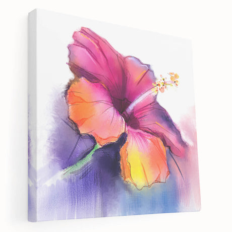 Stretched canvas artwork showcasing a vibrant hibiscus botanical design with intricate details, displayed from the side to highlight its depth and texture. Perfect for tropical-themed decor or nature-inspired interiors.