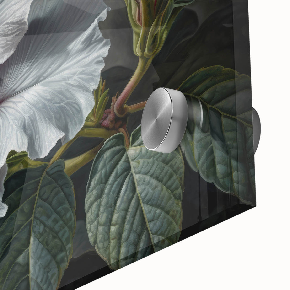 Close-up of a vibrant hibiscus flower design on acrylic glass, showcasing intricate details and bold colors in a botanical wall art collection for home decor. Perfect for tropical-themed interiors.