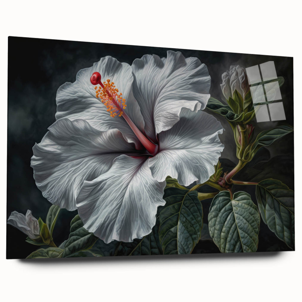 Close-up of a vibrant hibiscus botanical wall art design displayed in acrylic glass, showcasing intricate floral details and bright colors, perfect for home decor.