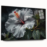 Close-up of a vibrant hibiscus botanical wall art design displayed in acrylic glass, showcasing intricate floral details and bright colors, perfect for home decor.