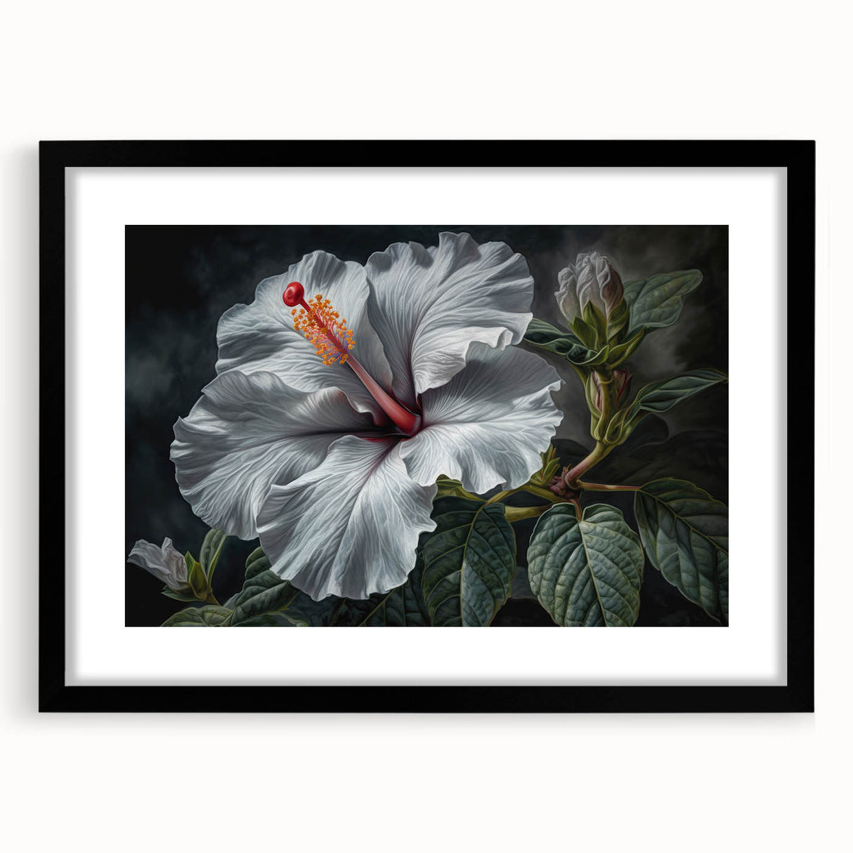 Framed botanical wall art featuring a vibrant hibiscus design with a black mat and sleek frame, perfect for enhancing modern home decor aesthetics.