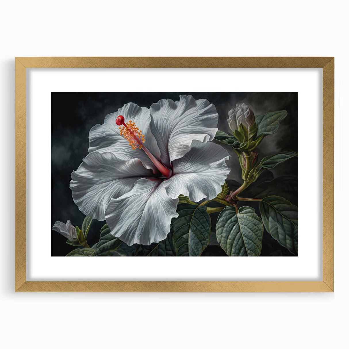 Elegant framed wall art showcasing a botanical hibiscus design, featuring vibrant pink and green hues, set in a gold frame with a white mat, perfect for home decor.