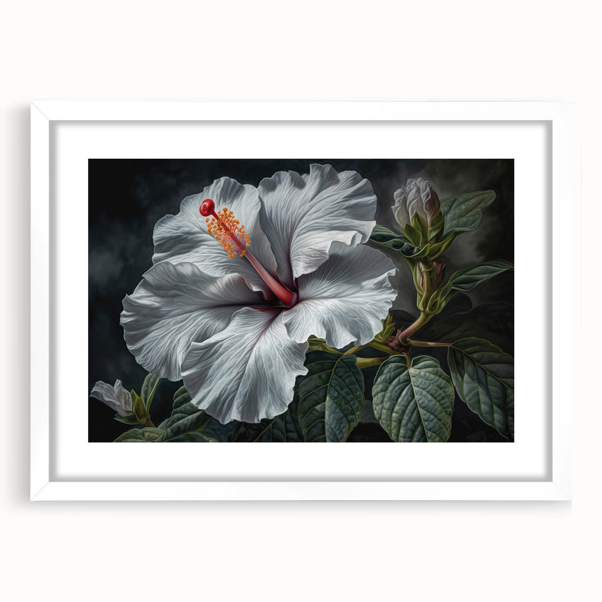 Botanical wall art featuring a vibrant hibiscus design framed in white with a mat, perfect for home decor, showcasing colorful floral elements and elegant craftsmanship.