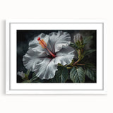 Botanical wall art featuring a vibrant hibiscus design framed in white with a mat, perfect for home decor, showcasing colorful floral elements and elegant craftsmanship.