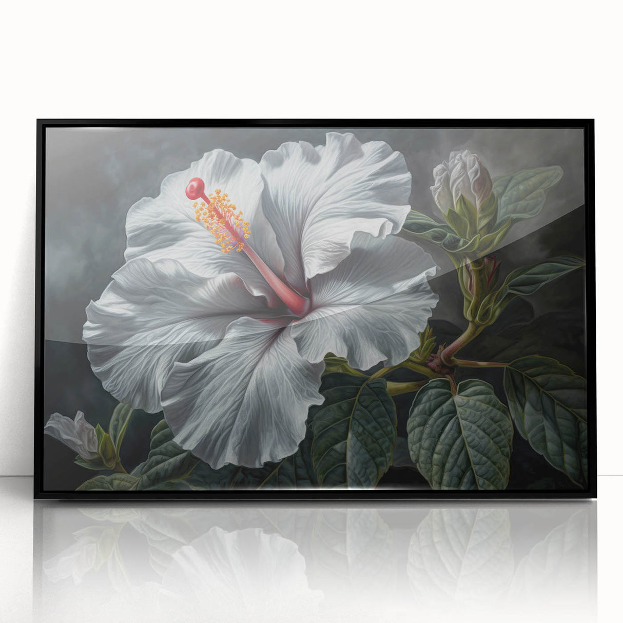 Framed wall art featuring a botanical hibiscus design in vibrant colors, showcasing intricate floral details against a sleek black frame, ideal for home decor.