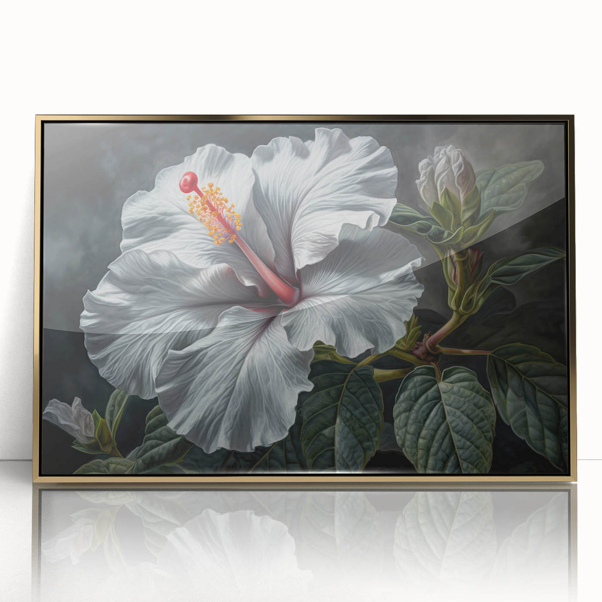 Framed wall art featuring a vibrant hibiscus botanical design in acrylic, showcasing intricate details and a gold frame, perfect for home decor.