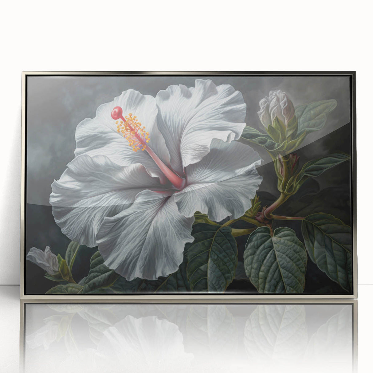 Framed wall art featuring a vibrant hibiscus botanical design in silver acrylic frame, ideal for home decor, adding a tropical touch to any interior.