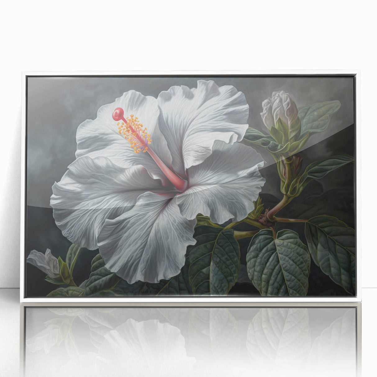 Framed wall art featuring a vibrant botanical hibiscus design with white border and acrylic finish, ideal for home decor and floral enthusiasts.