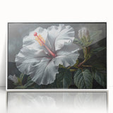 Framed wall art featuring a vibrant botanical hibiscus design with white border and acrylic finish, ideal for home decor and floral enthusiasts.