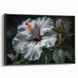Framed wall art showcasing a vibrant hibiscus botanical design on a black background, highlighting intricate floral details and elegant craftsmanship. Perfect for home decor.
