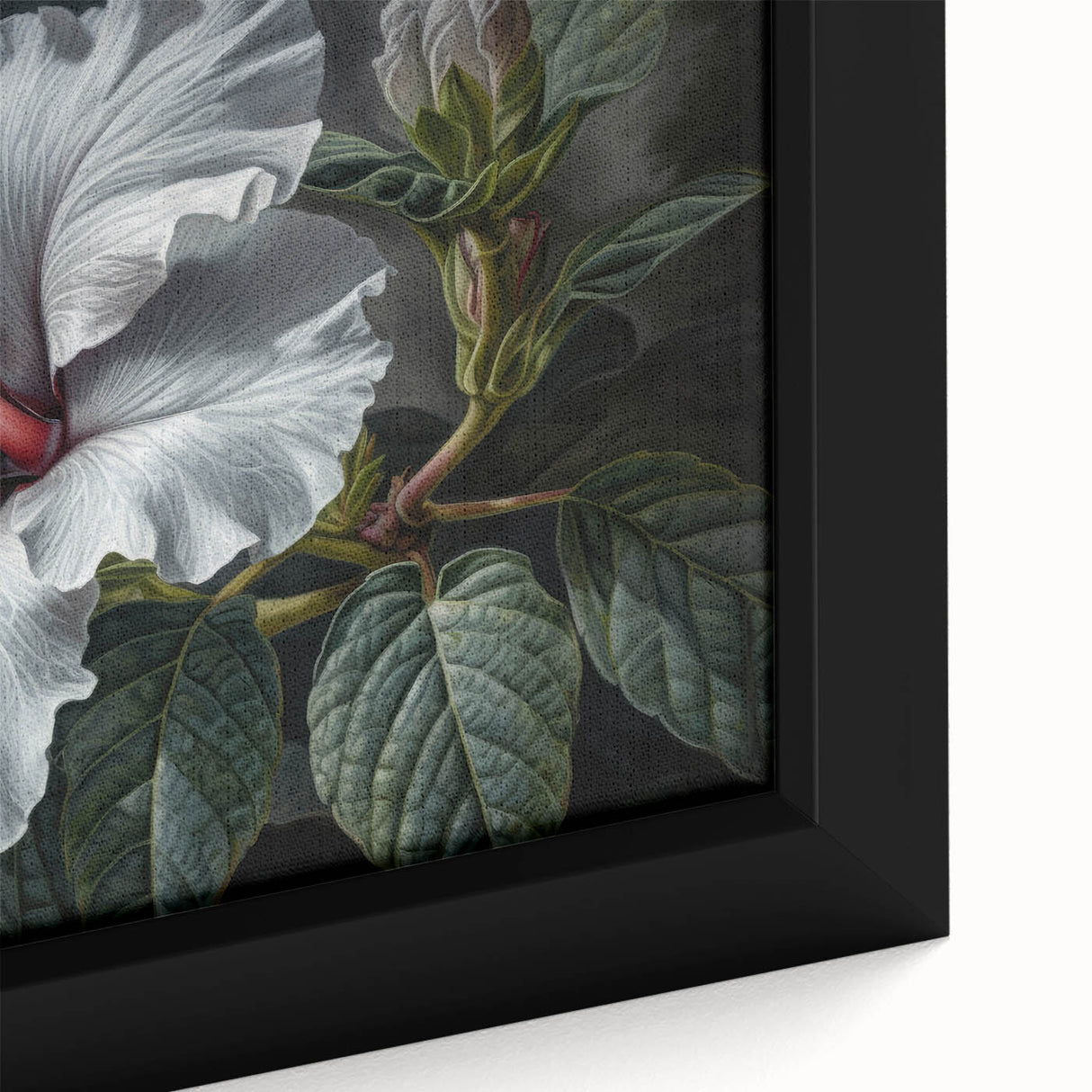 Close-up of a vibrant framed canvas featuring a botanical hibiscus design, showcasing intricate details and rich colors, ideal for home decor enhancement.