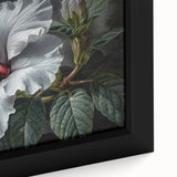 Close-up of a vibrant framed canvas featuring a botanical hibiscus design, showcasing intricate details and rich colors, ideal for home decor enhancement.